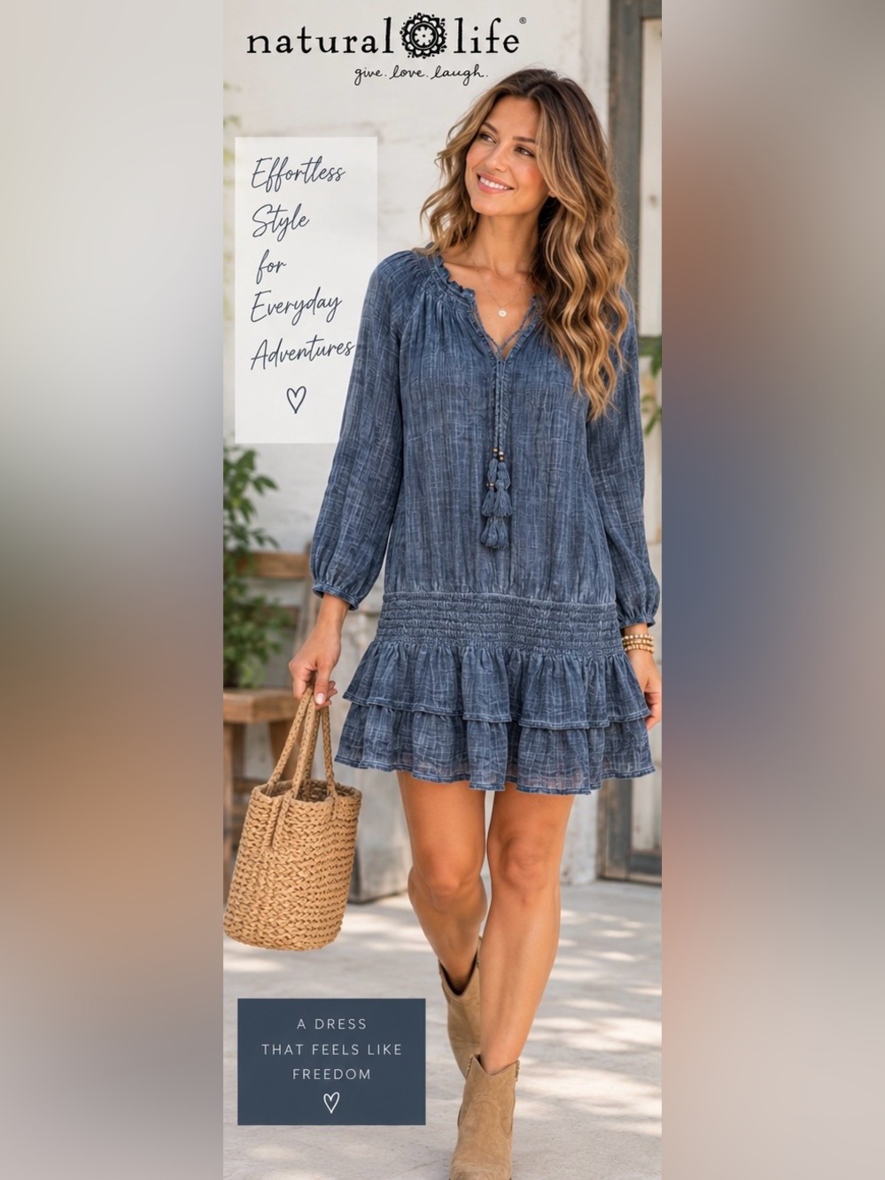 NATURAL LIFE Washed Blue Boho Tiered Tassel Boho Mini Dress